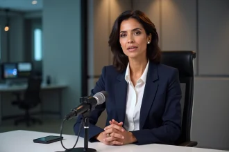 Journaliste femme d'origine nord-africaine en plateau télévision, blazer marine, microphone, ambiance studio médias professionnels