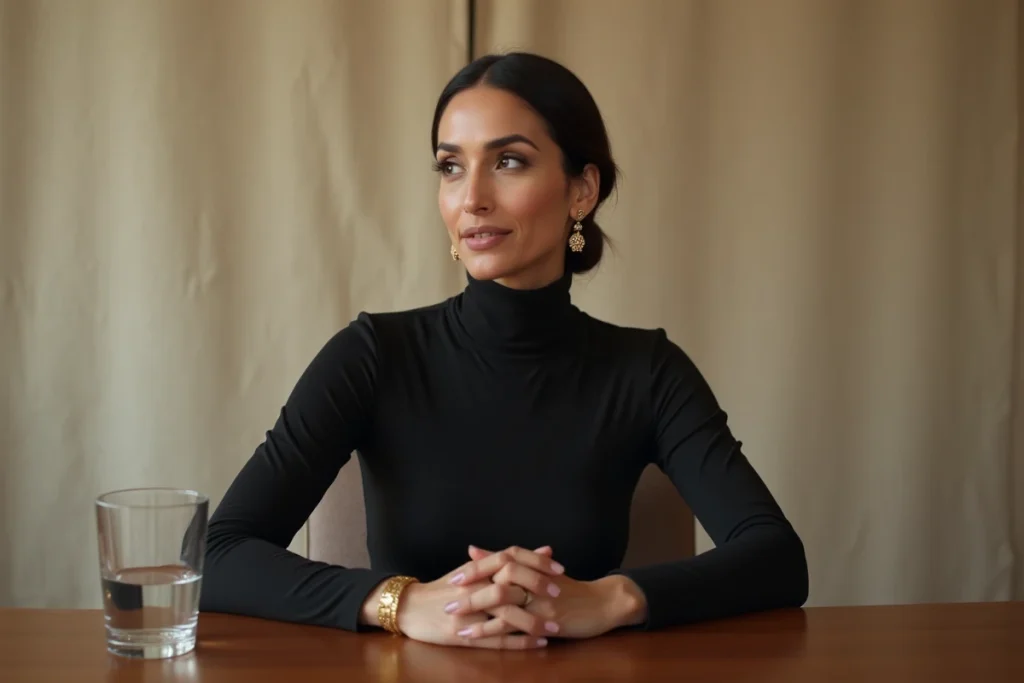 Portrait professionnel de femme journaliste d'origine algérienne en interview, col roulé noir, bijoux dorés, cadre institutionnel élégant