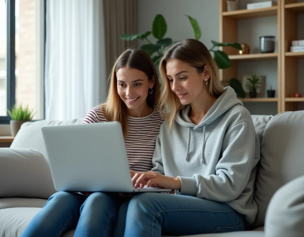 Deux personnes bisexuelles explorant ensemble les paramètres de rencontres ciblées sur un ordinateur portable dans un appartement moderne