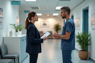 Évaluatrice médico-sociale en discussion avec un soignant dans le couloir d'une structure spécialisée à Montpellier