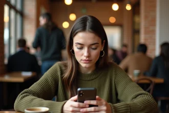 Jeune femme bisexuelle consultant une application de rencontres sur son téléphone dans un café parisien