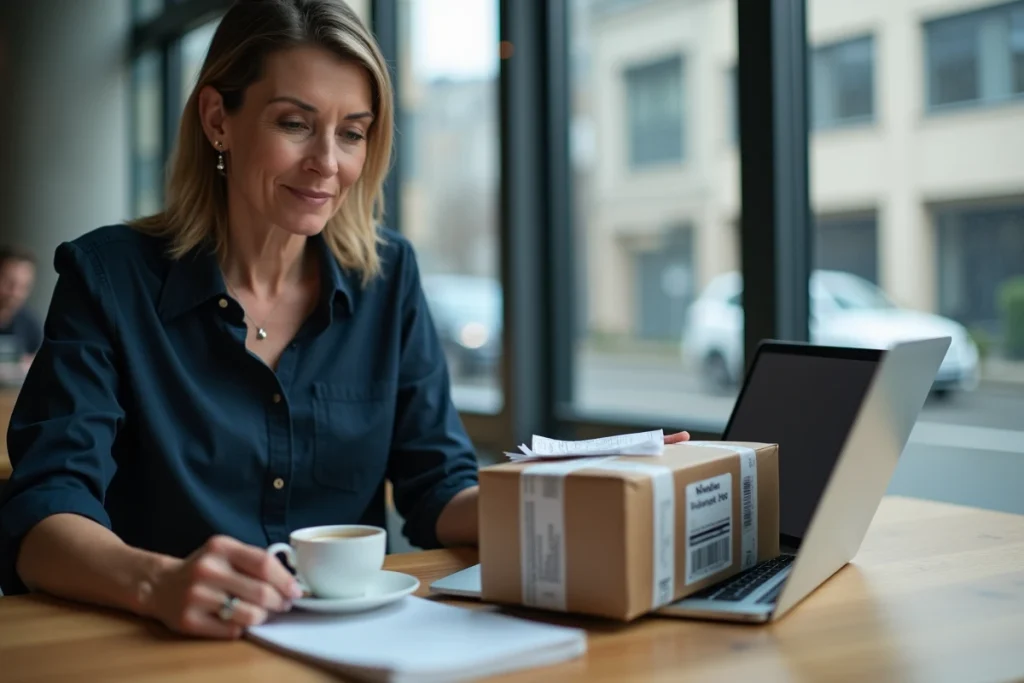 Femme vendeuse en espace de coworking gérant une réclamation Vinted Go avec un colis étiqueté et une page de suivi logistique ouverte sur son ordinateur