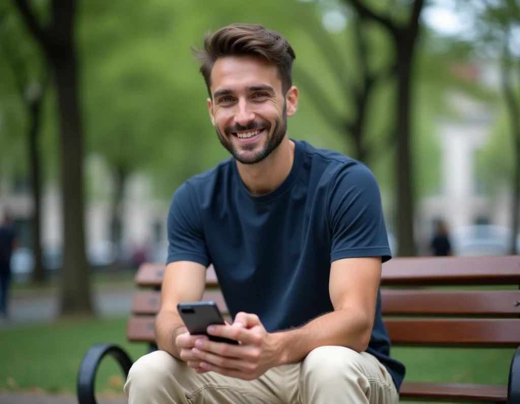 Homme paramétrant les filtres de son application de rencontres bisexuelles en plein air dans un parc urbain