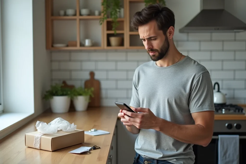 Vendeur masculin gérant un remboursement Vinted Go sur smartphone dans un appartement moderne avec colis et étiquette de retour