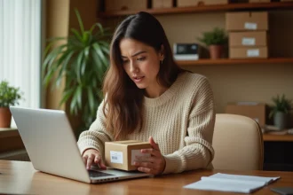 Vendeuse Vinted examinant un colis retourné et gérant une réclamation sur son ordinateur portable depuis son bureau à domicile