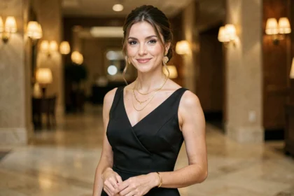 Femme en robe de soirée noire portant des accessoires dorés dans un lobby d'hôtel luxueux