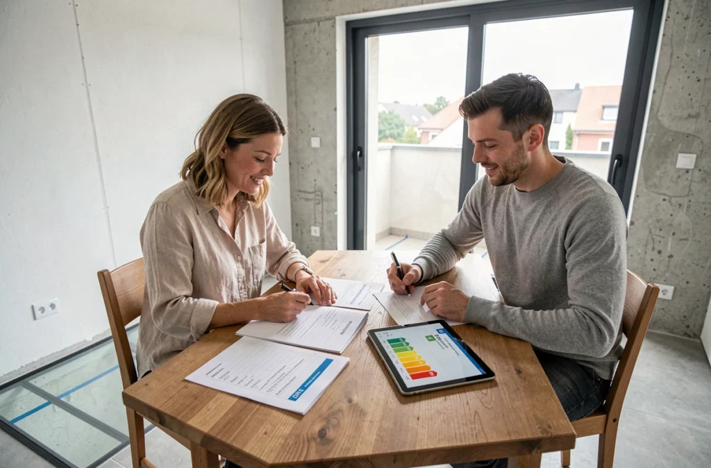 Couple d'acheteurs étudiant le diagnostic de performance énergétique d'un appartement rénové