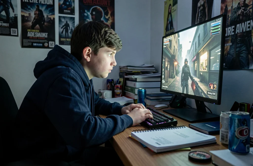 Adolescent devant un écran d'ordinateur tard le soir, montrant l'impact des jeux vidéo sur le sommeil des jeunes