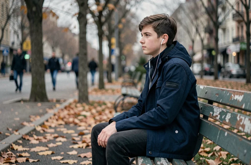 Adolescent assis seul sur un banc de parc en automne, regard perdu dans le vide, évoquant l'isolement et les enjeux de santé mentale chez les jeunes