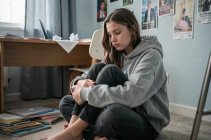 Adolescente assise par terre dans sa chambre, l'air pensif et replié sur elle-même, illustrant la fragilité de la santé mentale à l'adolescence
