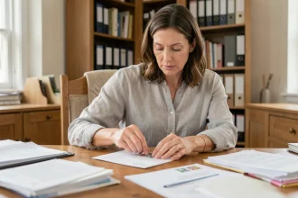 Femme collant un timbre sur une enveloppe blanche dans un bureau administratif à domicile
