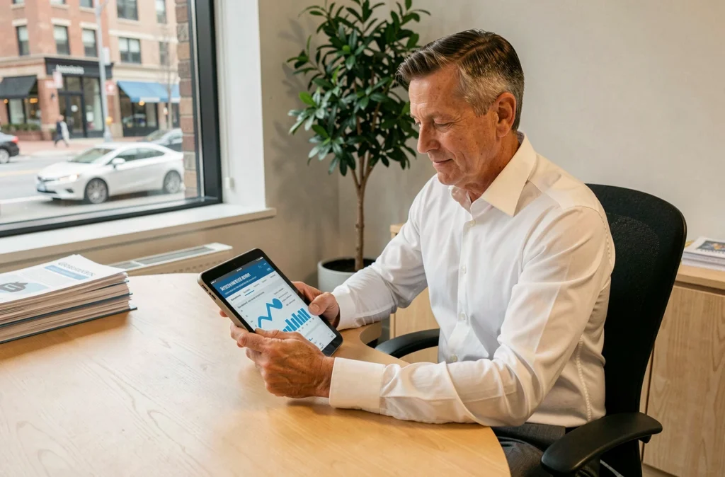 Agent d'assurance consultant un tableau de bord numérique sur les contrats pour véhicules électriques