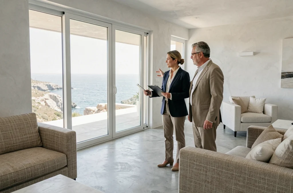 Agent immobilier présentant un appartement en bord de mer à un acheteur potentiel pour une résidence secondaire côtière