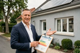 Agent immobilier présentant une maison rénovée énergétiquement avec panneaux solaires et fenêtres à triple vitrage