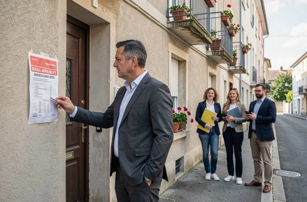 Agent immobilier affichant une annonce de location à l'entrée d'un immeuble avec des candidats locataires en attente dans une ville moyenne