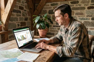 Agriculteur gérant son exploitation sur un logiciel de gestion agricole Simagri dans un bureau de ferme rustique