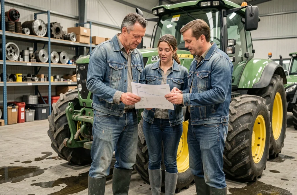 Deux agriculteurs analysant ensemble les résultats financiers de leur exploitation agricole rentable dans un hangar