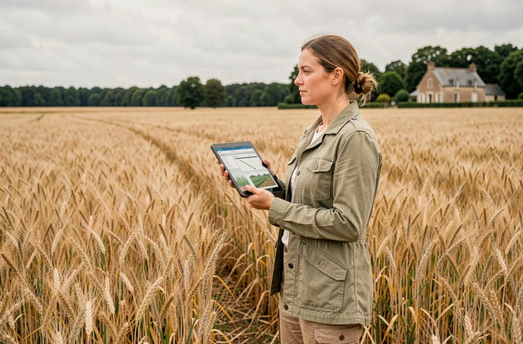 Agronomiste en plein champ consultant un logiciel de simulation de culture sur tablette pour planifier son exploitation