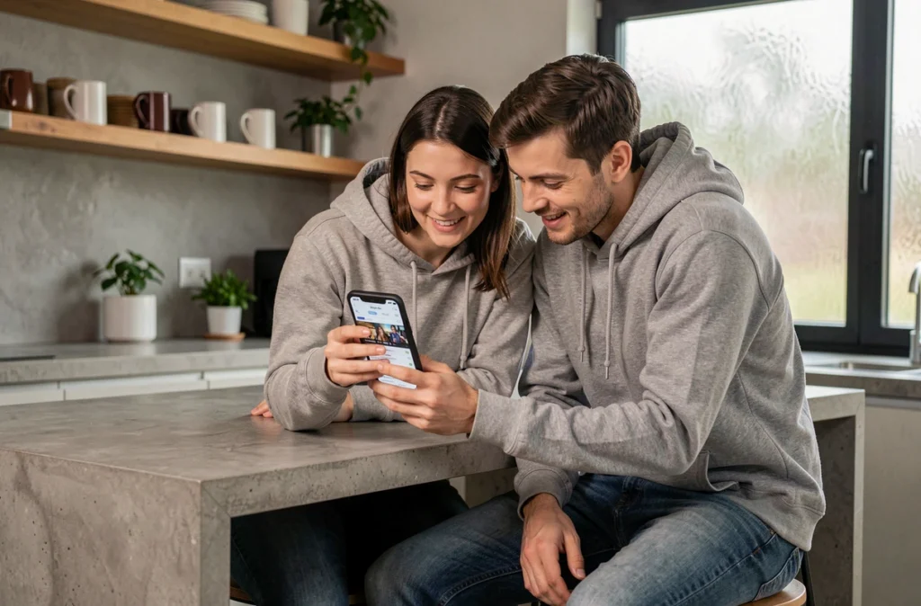 Deux amis consultant un smartphone pour chercher des séries sur une application de streaming dans une cuisine moderne