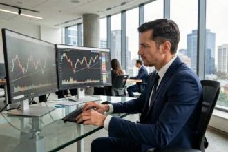 Un professionnel analyse des graphiques de cryptomonnaies et d'actions boursières sur deux écrans dans un bureau moderne, illustrant la diversification de portefeuille financier.