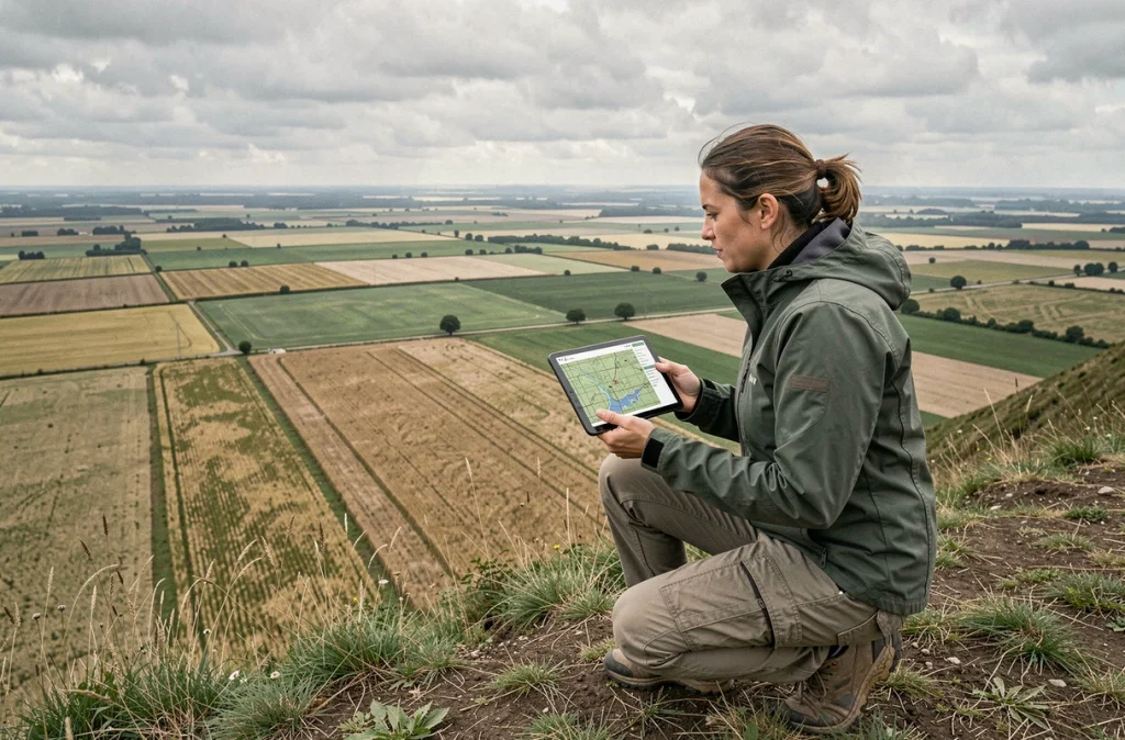 Femme analyste terrain consultant une carte numérique d'hectares sur tablette face à une plaine agricole étendue