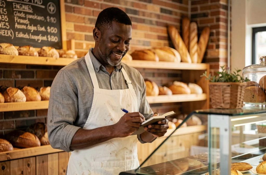 Un artisan boulanger entrepreneur dans sa boulangerie financée grâce au microcrédit professionnel