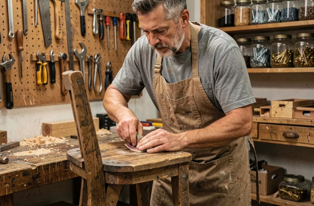 Artisan ponçant une chaise restaurée en bois recyclé dans un atelier de menuiserie artisanale