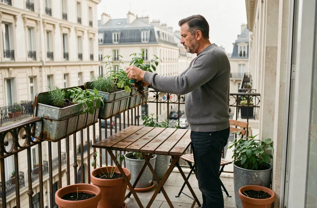 Balcon parisien étroit réaménagé en espace extérieur fonctionnel avec jardin vertical et mobilier pliant