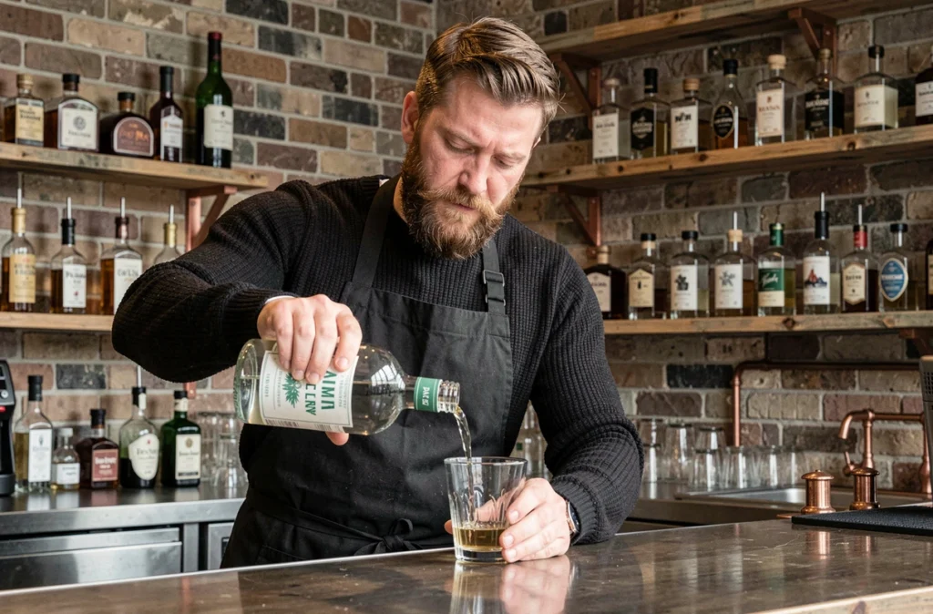Barman écossais barbu versant du gin And Lime dans un verre à mélange derrière un bar artisanal aux murs en briques