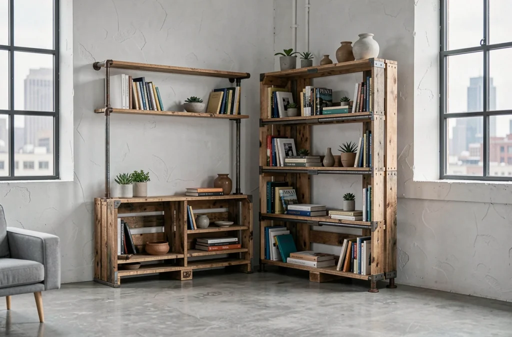 Bibliothèque et console en palettes recyclées et métal dans un loft urbain moderne au style industriel