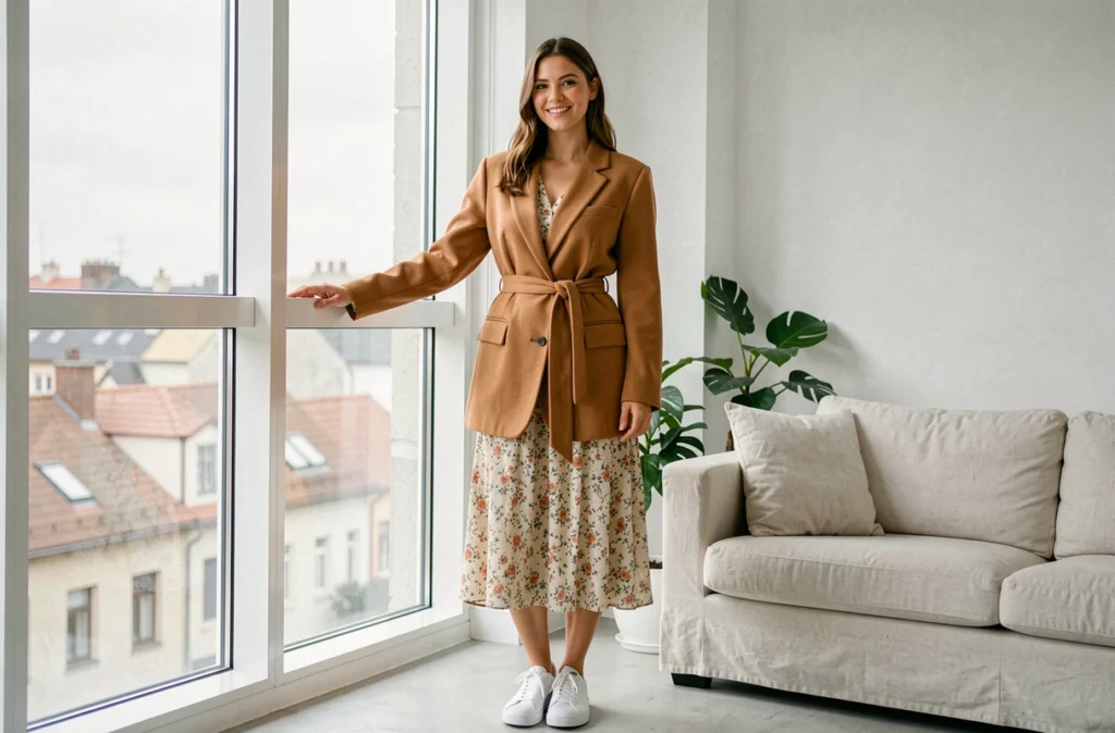 Femme portant un blazer oversize camel ceinturé sur une robe fleurie dans un appartement moderne avec vue sur les toits
