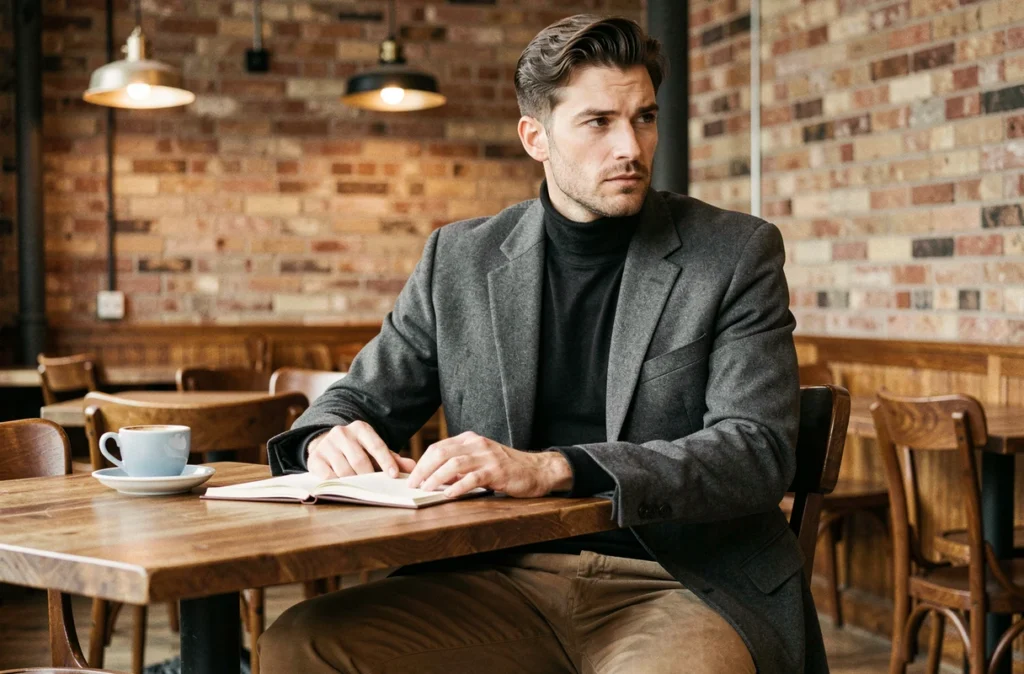 Homme en blazer oversize gris anthracite attablé dans un café parisien avec carnet et espresso, look masculin quotidien