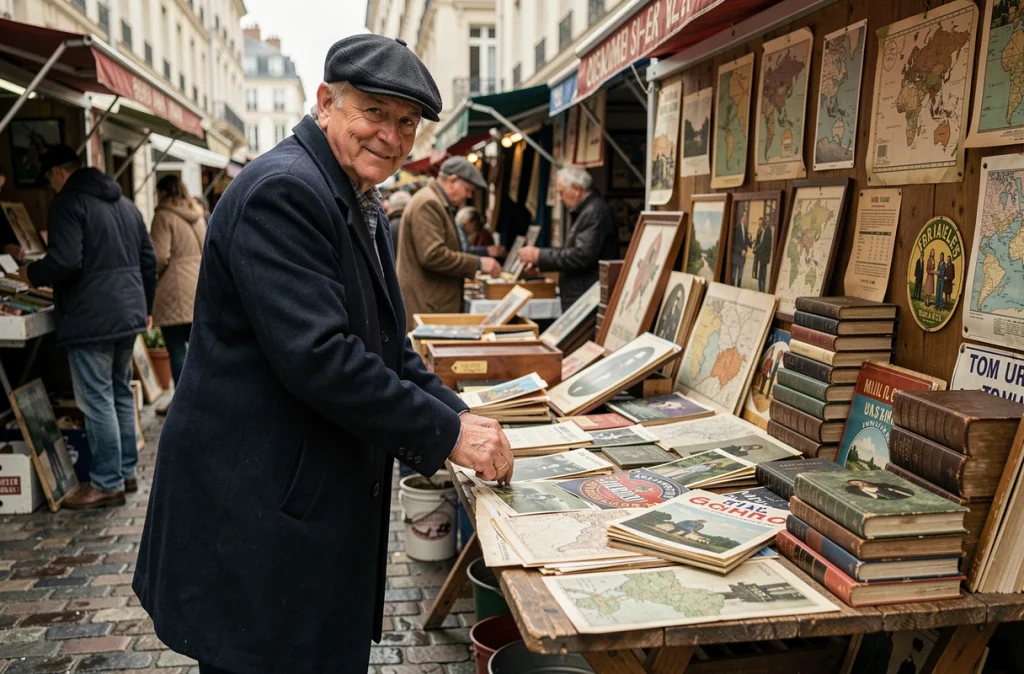 Brocanteur arrangeant des cartes postales et objets anciens sur son stand aux puces de Vanves