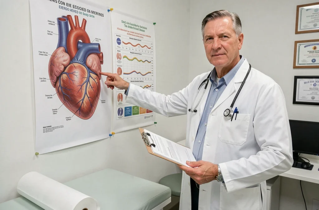Cardiologue en cabinet médical expliquant le lien entre les cycles du sommeil et la santé cardiovasculaire devant des affiches médicales
