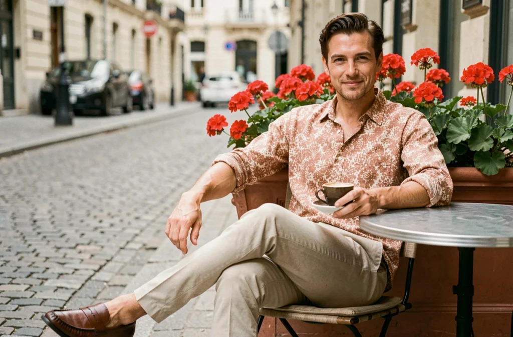 Homme en chemise oversize à motif floral jacquard terracotta attablé à une terrasse de café, mode homme mi-saison tendance