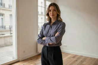 Femme portant une chemise rayée bleu marine et blanche dans un appartement parisien minimaliste, style éditorial élégant