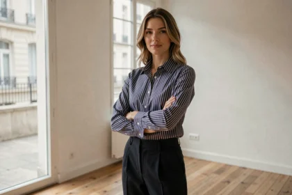 Femme portant une chemise rayée bleu marine et blanche dans un appartement parisien minimaliste, style éditorial élégant