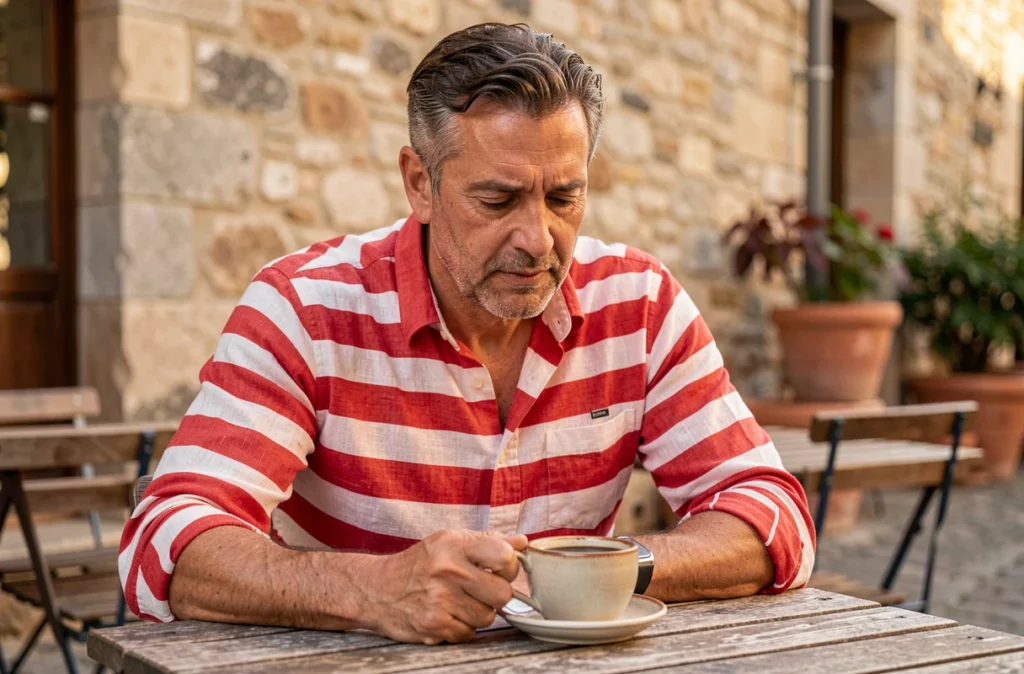 Homme en chemise rayée rouge et blanche à manches retroussées attablé à une terrasse de café provençal