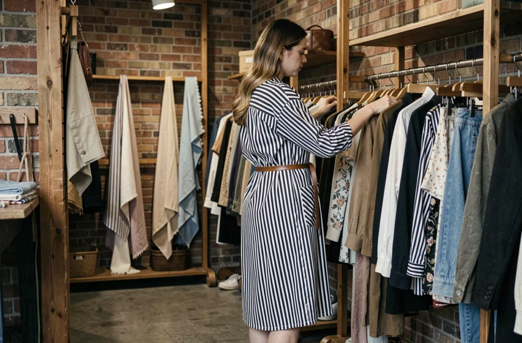 Jeune femme portant une chemise rayée oversize noir et blanc comme robe dans une boutique de vêtements vintage