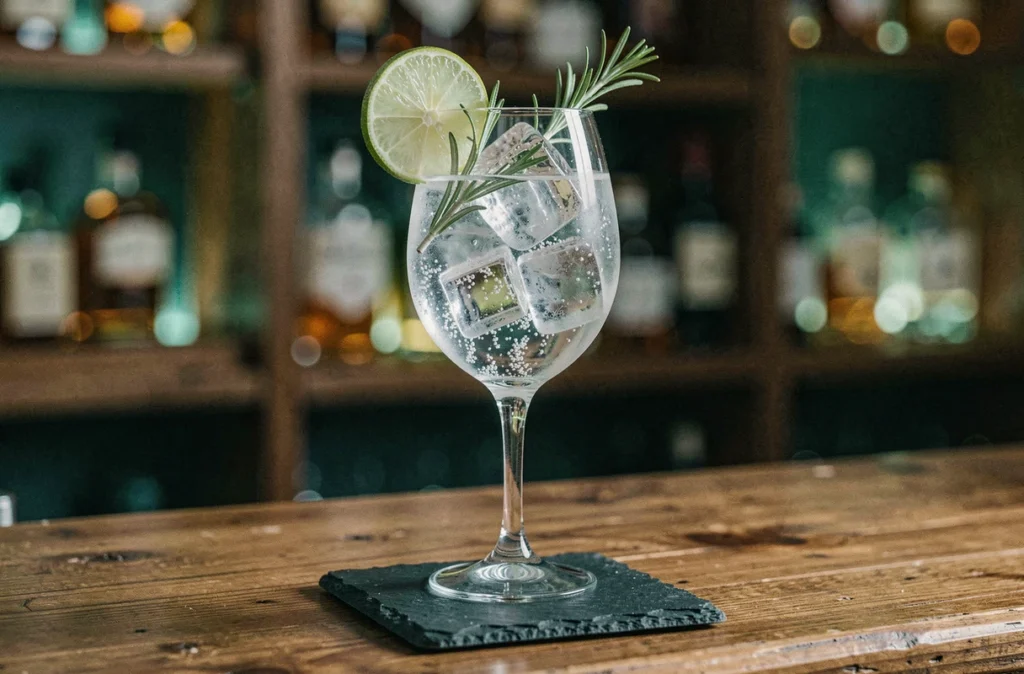 Cocktail gin tonic au And Lime dans un verre ballon avec rondelle de citron vert et romarin sur un bar en bois rustique