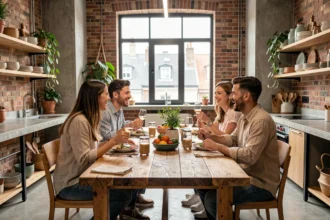 Jeunes adultes partageant un repas dans une cuisine commune d'un espace de coliving moderne en ville