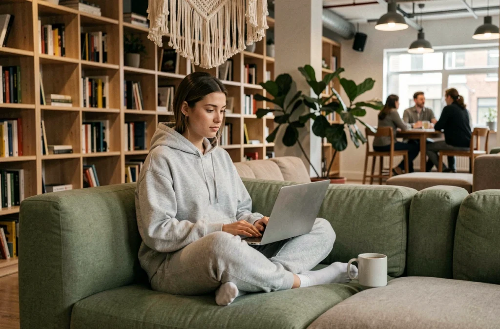 Jeune femme travaillant sur son ordinateur dans le salon partagé d'un appartement de coliving urbain