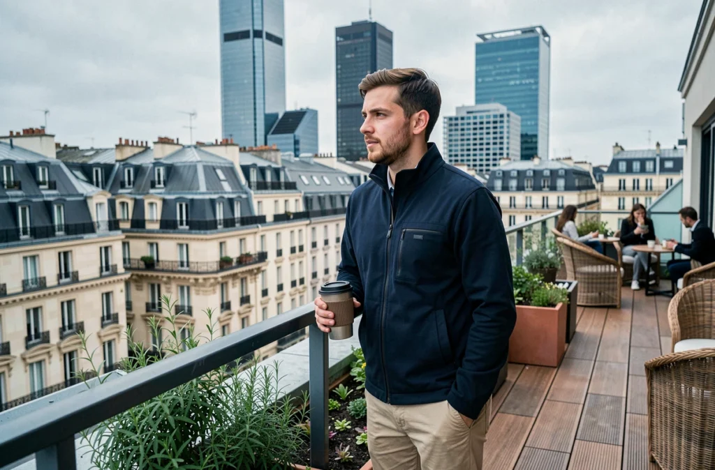 Jeune homme sur la terrasse partagée d'un immeuble de coliving avec vue panoramique sur la ville