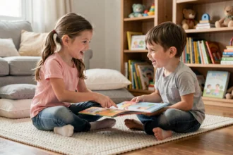 Deux jeunes enfants assis face à face sur un parquet en bois, partageant un livre illustré et communiquant spontanément