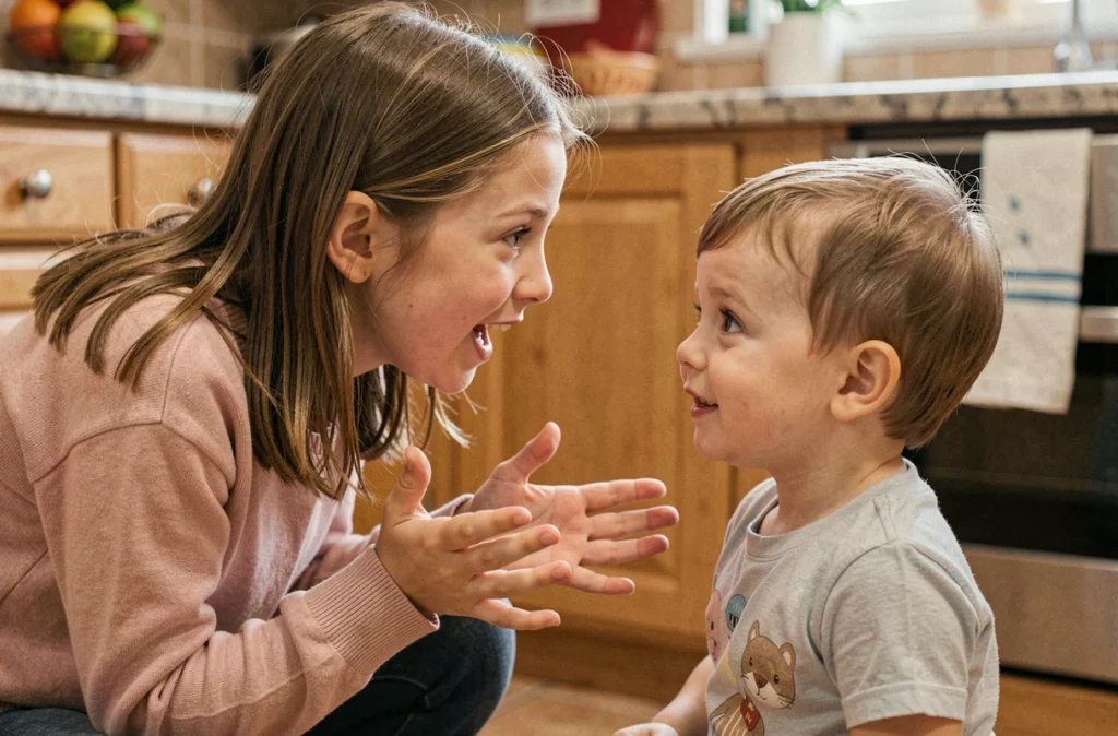 Une fillette d'une dizaine d'années s'accroupit pour parler à son petit frère tout-petit dans une cuisine familiale chaleureuse