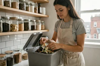 Femme déposant des épluchures dans un bac à compost compact posé sur un plan de travail de cuisine d'appartement
