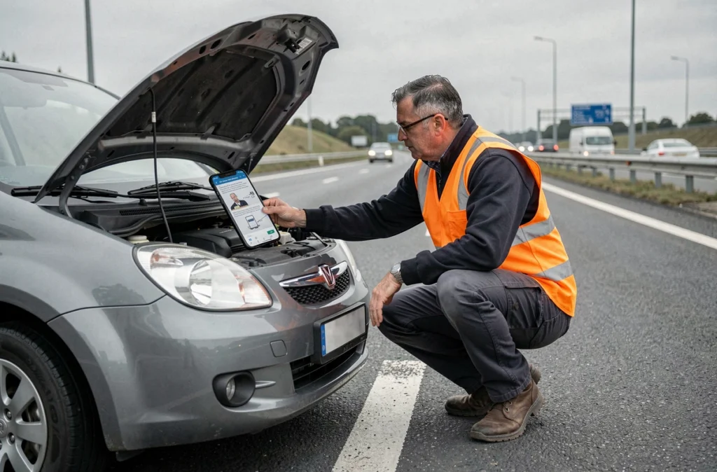 Conducteur consultant une application de dépannage sur smartphone devant le capot ouvert de sa voiture sur l'autoroute