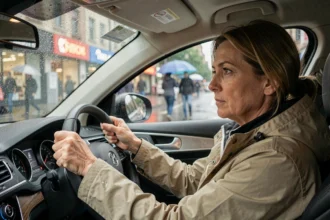 Femme conduisant prudemment sous une forte pluie en ville, mains sur le volant, route mouillée visible à travers le pare-brise
