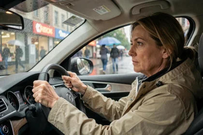 Femme conduisant prudemment sous une forte pluie en ville, mains sur le volant, route mouillée visible à travers le pare-brise