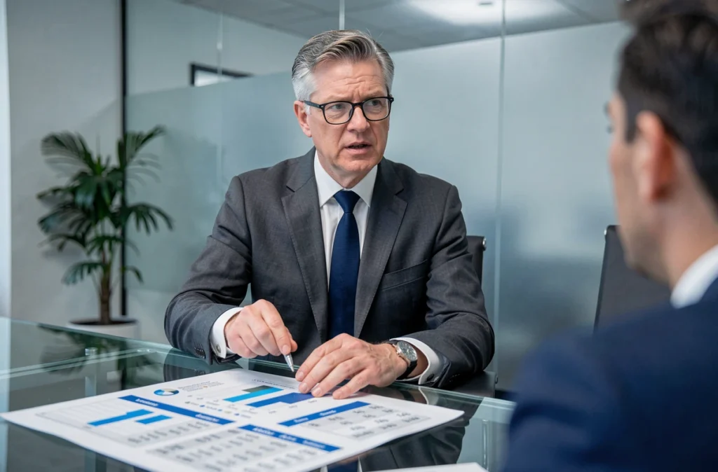 Conseiller bancaire expliquant l'évolution des taux d'assurance emprunteur pour un crédit immobilier récent